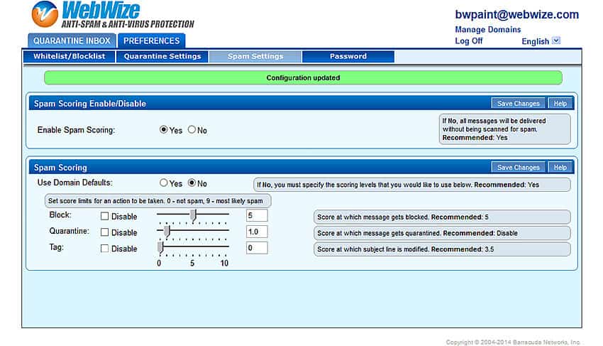 WebWize Barracuda, Customize your spam settings